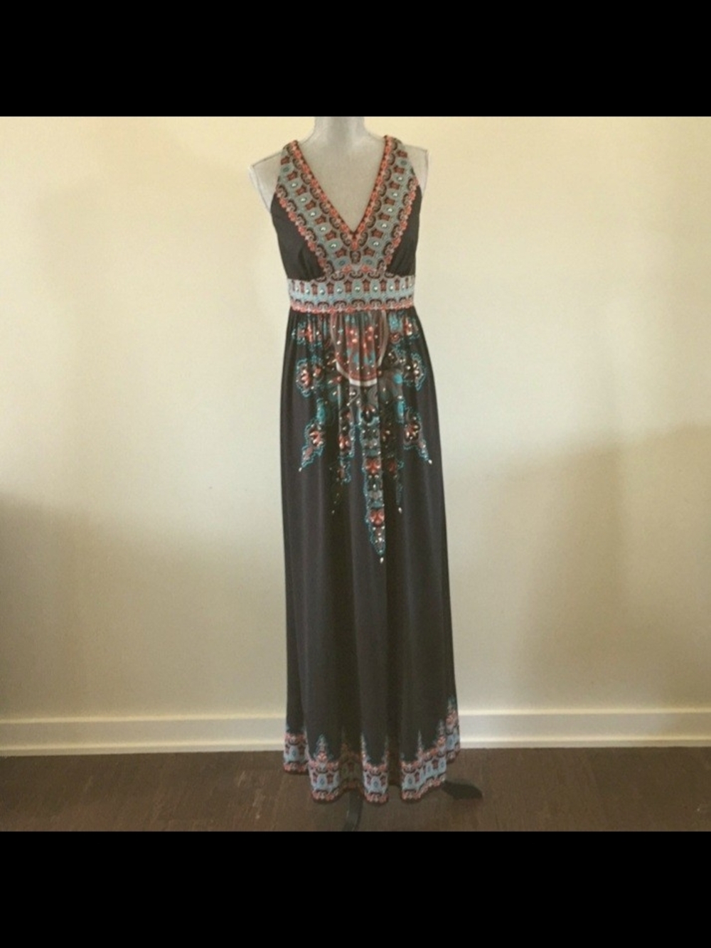 Embellished V-Neck Black Maxi Dress with Teal & Coral Accents
